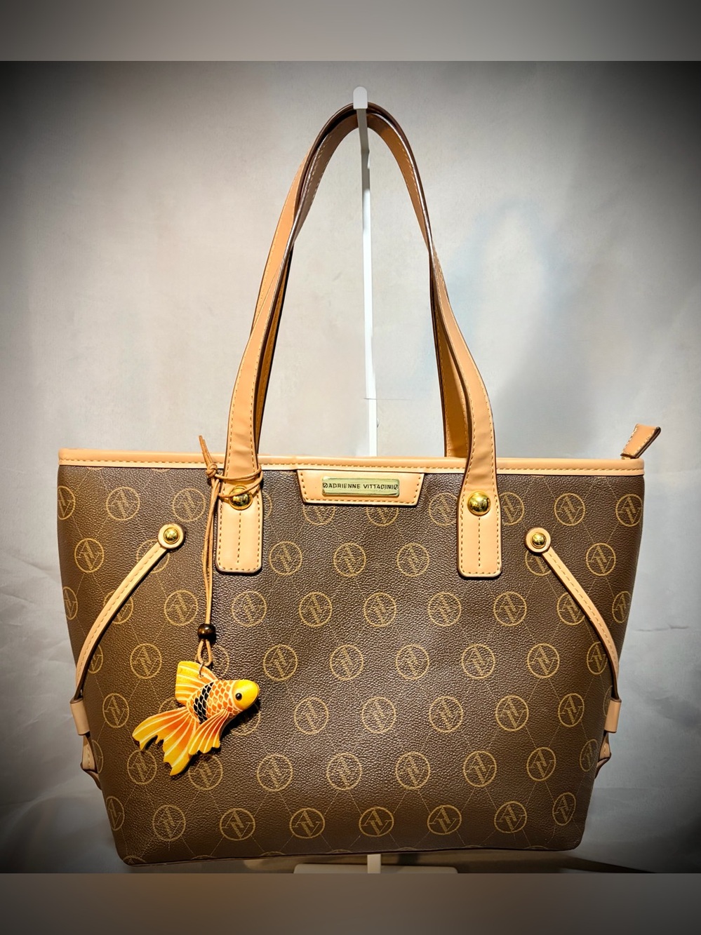 Adrienne Vittadini Classic Monogram Tote Bag - Brown & Tan AV Signature